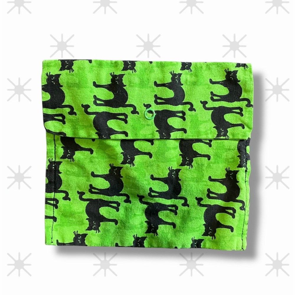 Handmade Green Black Cat Print Snap Closure Fabric Makeup Stash Bag Pouch